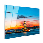 Tamperli Gerçek Cam Tablo Kız Kulesi Turuncu Gün Batımı Şehir Mimari Tablo Duvar Dekoru