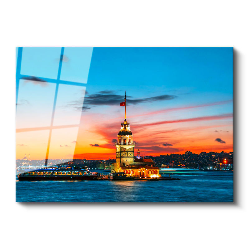 Tamperli Gerçek Cam Tablo Kız Kulesi Turuncu Gün Batımı Şehir Mimari Tablo Duvar Dekoru