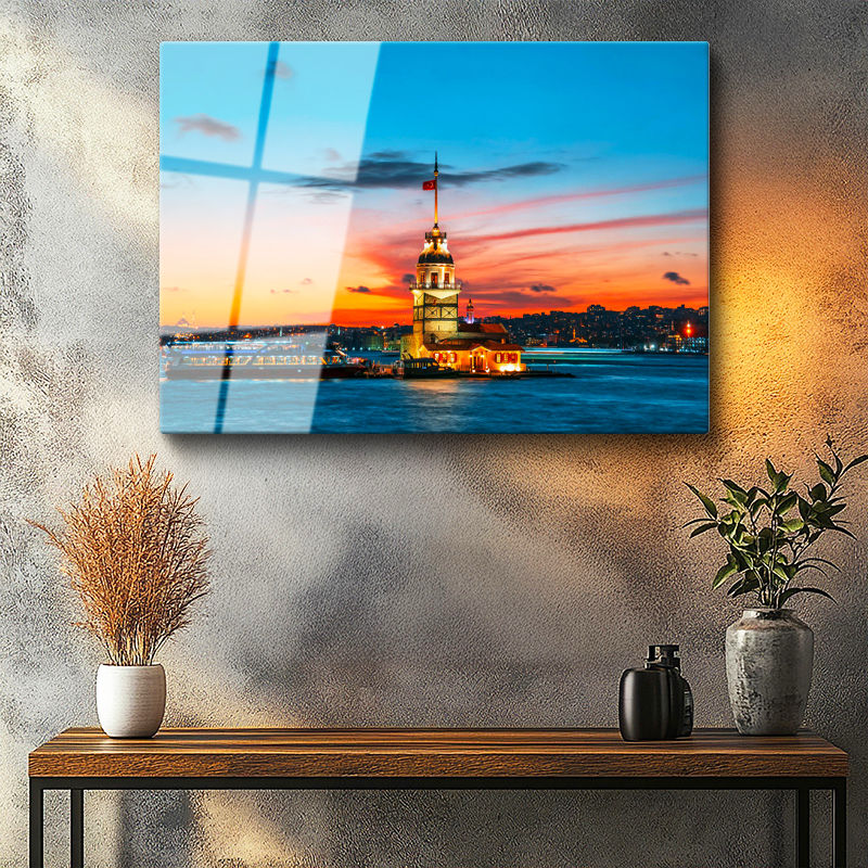 Tamperli Gerçek Cam Tablo Kız Kulesi Turuncu Gün Batımı Şehir Mimari Tablo Duvar Dekoru