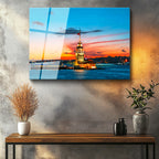 Tamperli Gerçek Cam Tablo Kız Kulesi Turuncu Gün Batımı Şehir Mimari Tablo Duvar Dekoru