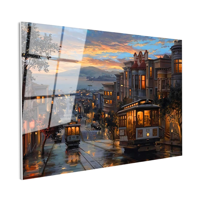 Tamperli Gerçek Cam Tablo San Francisco Tramvay Ve Yokuş Yol Şehir Ve Mimari Tablo Duvar Dekoru