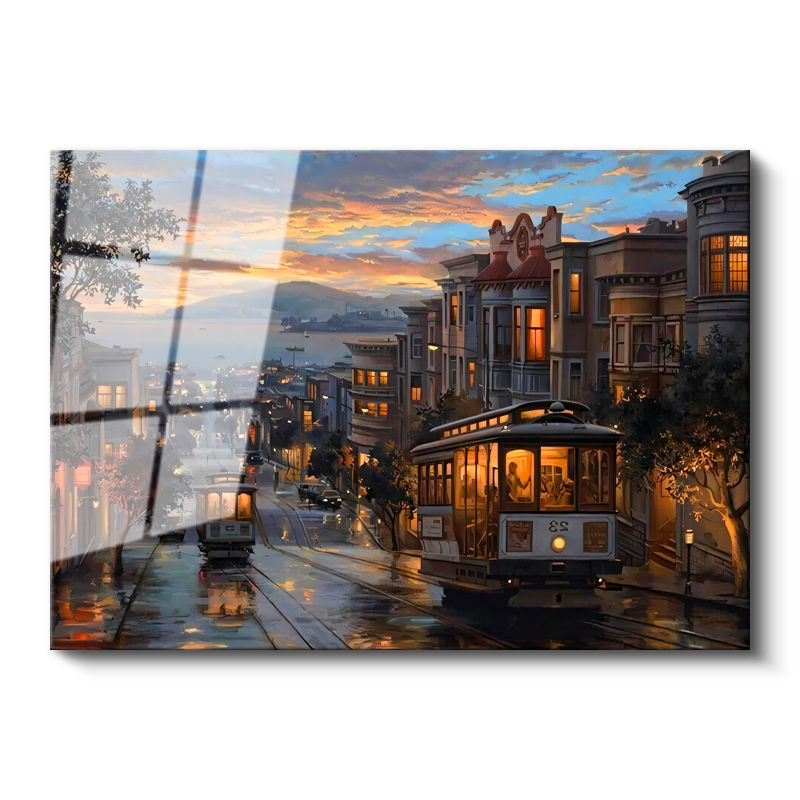 Tamperli Gerçek Cam Tablo San Francisco Tramvay Ve Yokuş Yol Şehir Ve Mimari Tablo Duvar Dekoru