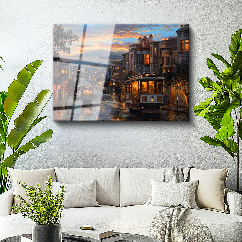 Tamperli Gerçek Cam Tablo San Francisco Tramvay Ve Yokuş Yol Şehir Ve Mimari Tablo Duvar Dekoru