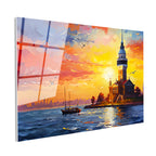 Tamperli Gerçek Cam Tablo Kız Kulesi Ve Boğaz Gün Batımı Şehir Ve Mimari Tablo Duvar Dekoru