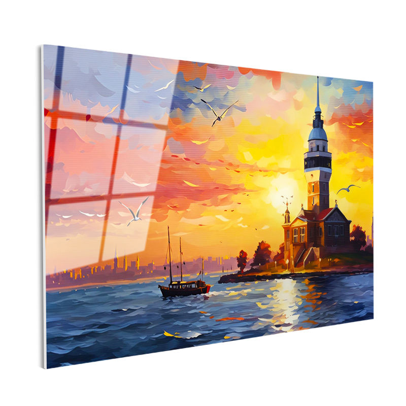 Tamperli Gerçek Cam Tablo Kız Kulesi Ve Boğaz Gün Batımı Şehir Ve Mimari Tablo Duvar Dekoru