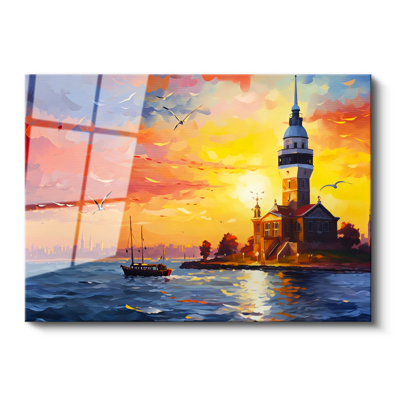 Tamperli Gerçek Cam Tablo Kız Kulesi Ve Boğaz Gün Batımı Şehir Ve Mimari Tablo Duvar Dekoru