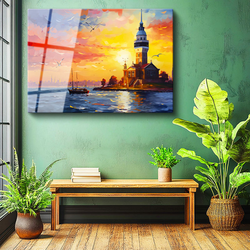 Tamperli Gerçek Cam Tablo Kız Kulesi Ve Boğaz Gün Batımı Şehir Ve Mimari Tablo Duvar Dekoru