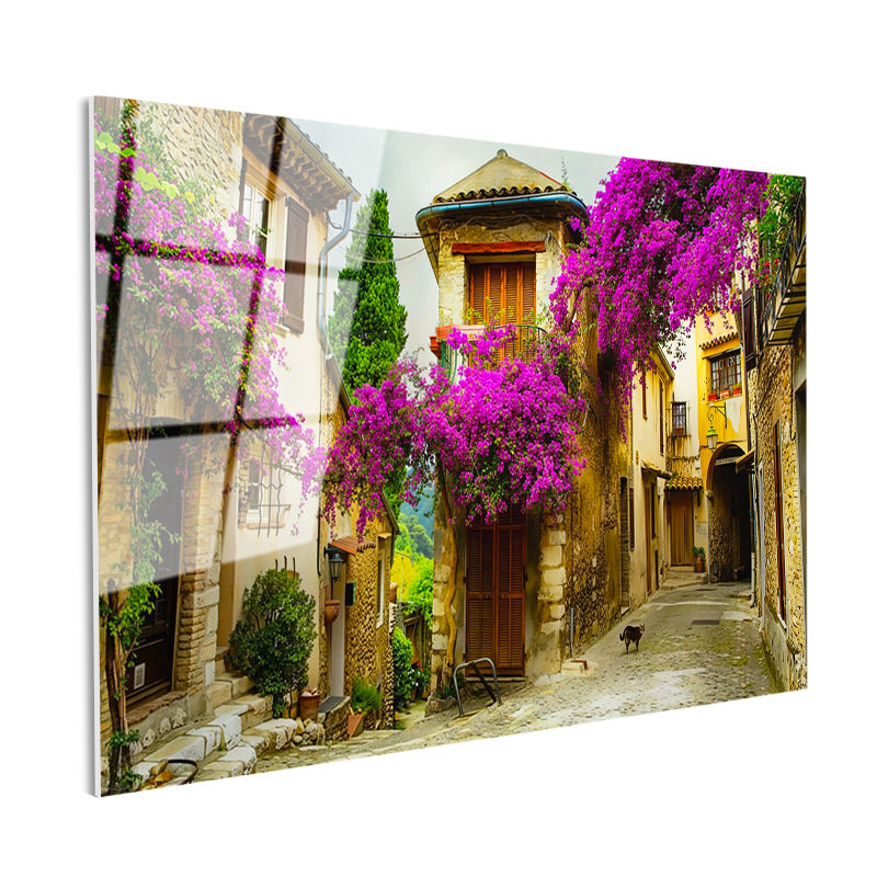 Tamperli Gerçek Cam Tablo Begonvilli Ve Çiçekli Taş Sokak Şehir Ve Mimari Tablo Duvar Dekoru