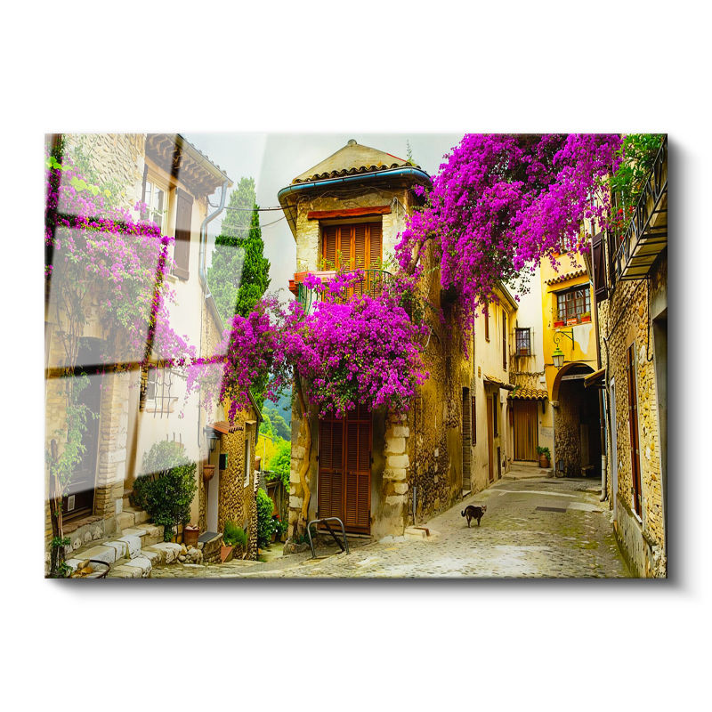 Tamperli Gerçek Cam Tablo Begonvilli Ve Çiçekli Taş Sokak Şehir Ve Mimari Tablo Duvar Dekoru