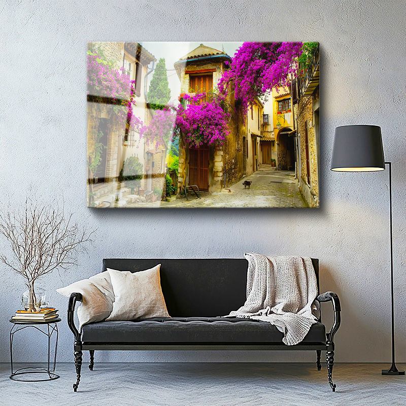 Tamperli Gerçek Cam Tablo Begonvilli Ve Çiçekli Taş Sokak Şehir Ve Mimari Tablo Duvar Dekoru