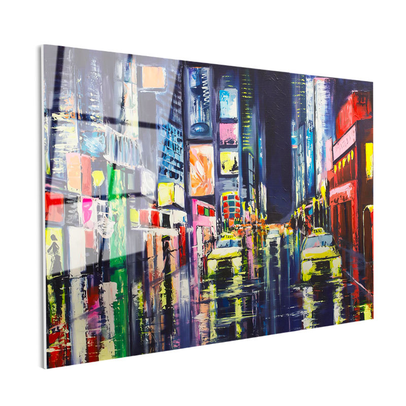 Tamperli Gerçek Cam Tablo New York Meydanı Ve Taksiler Şehir Ve Mimari Tablo Duvar Dekoru
