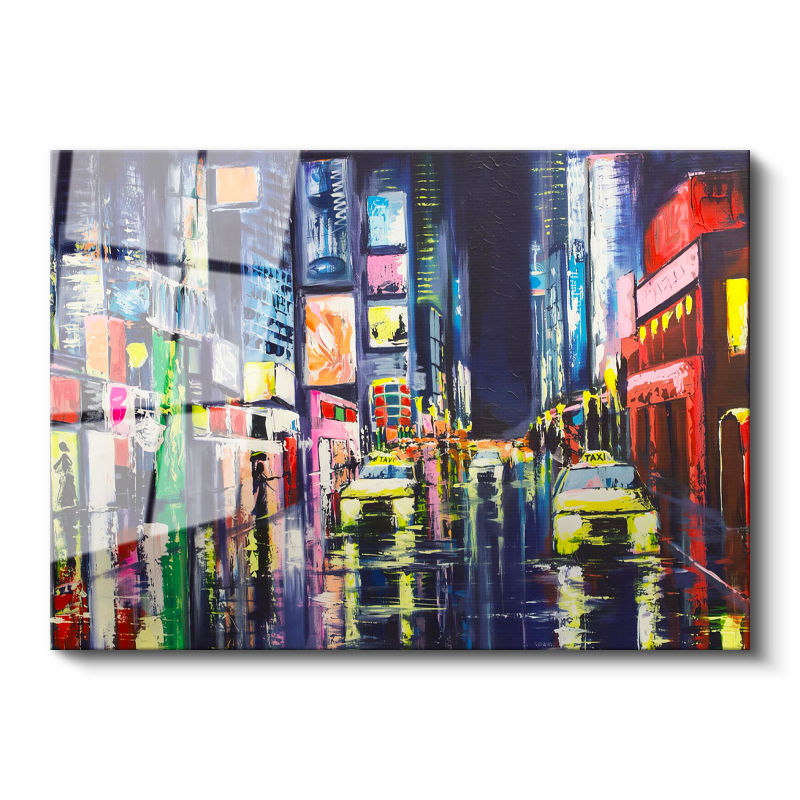 Tamperli Gerçek Cam Tablo New York Meydanı Ve Taksiler Şehir Ve Mimari Tablo Duvar Dekoru