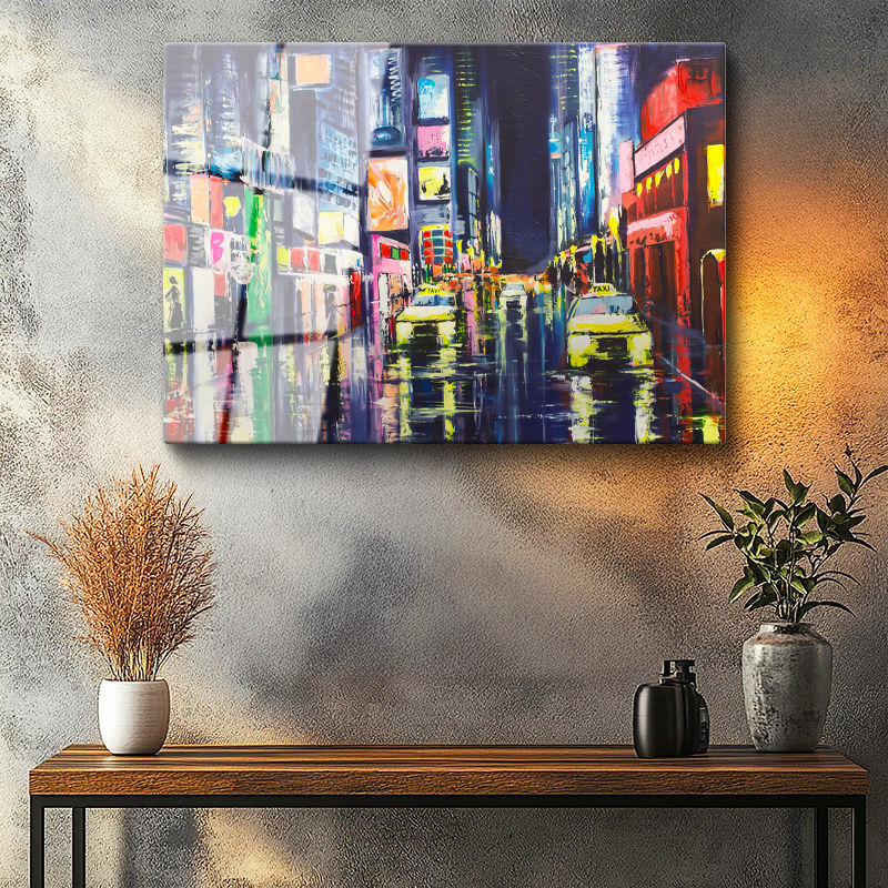 Tamperli Gerçek Cam Tablo New York Meydanı Ve Taksiler Şehir Ve Mimari Tablo Duvar Dekoru
