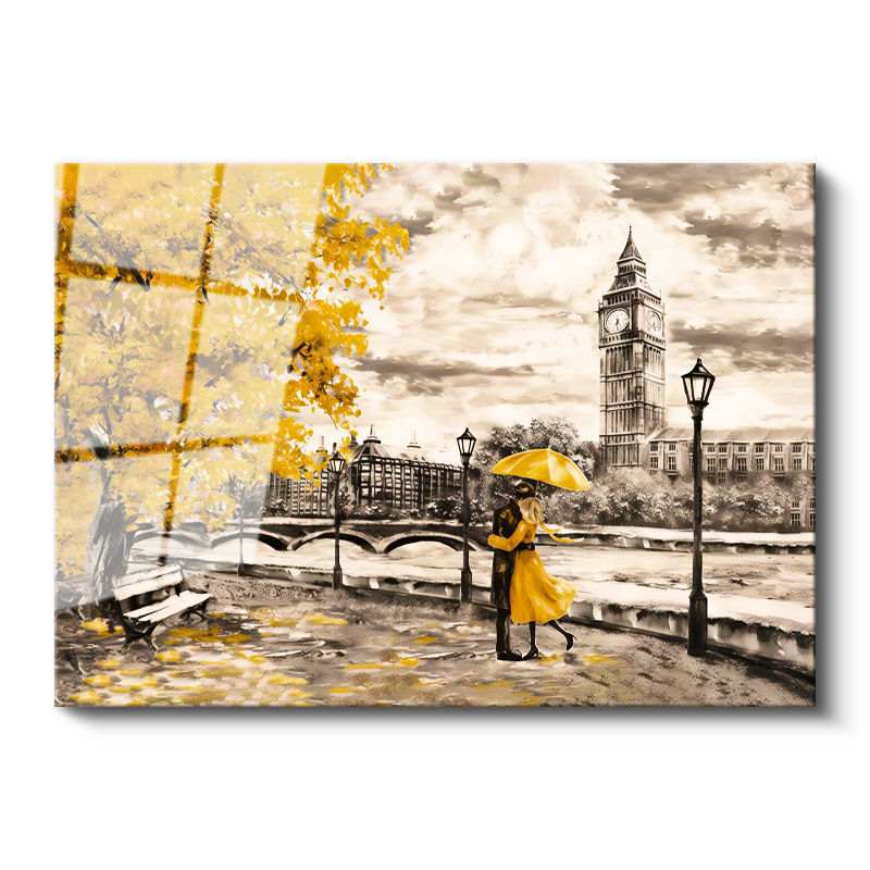 Tamperli Gerçek Cam Tablo Londra Big Ben Ve Sonbahar Teması Şehir Ve Mimari Tablo Duvar Dekoru