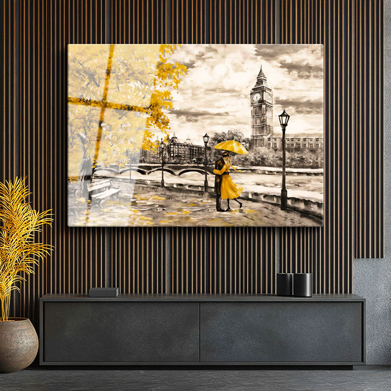 Tamperli Gerçek Cam Tablo Londra Big Ben Ve Sonbahar Teması Şehir Ve Mimari Tablo Duvar Dekoru