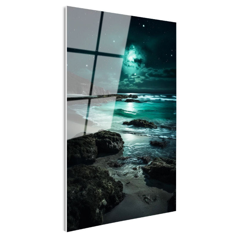 Tamperli Gerçek Cam Tablo Mistik Yeşil Dolunay ve Kayalık Sahil Manzara Tablosu Duvar Dekoru
