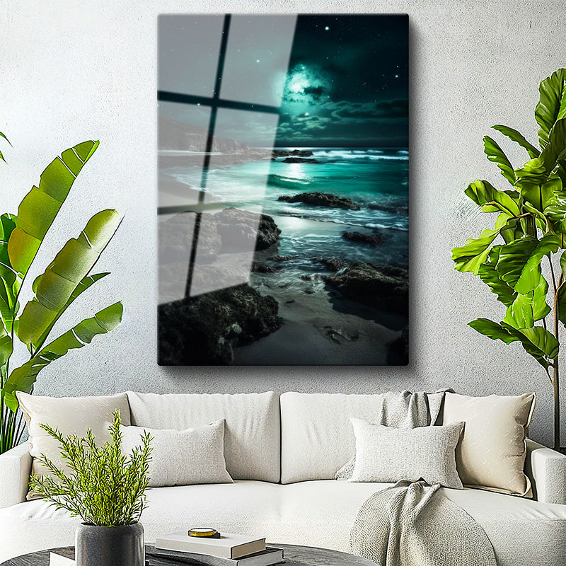 Tamperli Gerçek Cam Tablo Mistik Yeşil Dolunay ve Kayalık Sahil Manzara Tablosu Duvar Dekoru