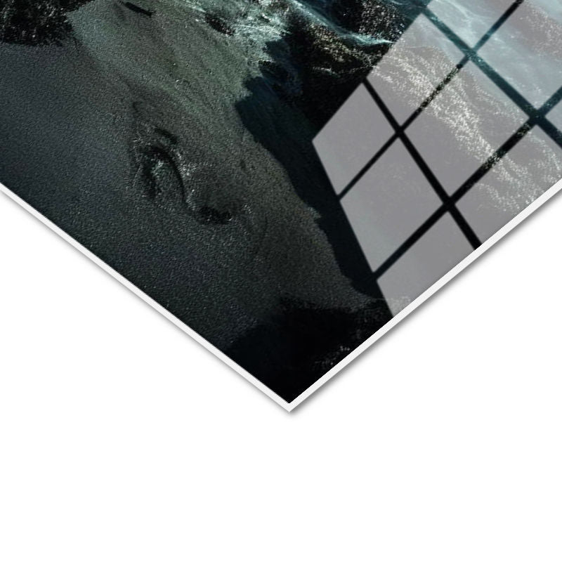 Tamperli Gerçek Cam Tablo Mistik Yeşil Dolunay ve Kayalık Sahil Manzara Tablosu Duvar Dekoru