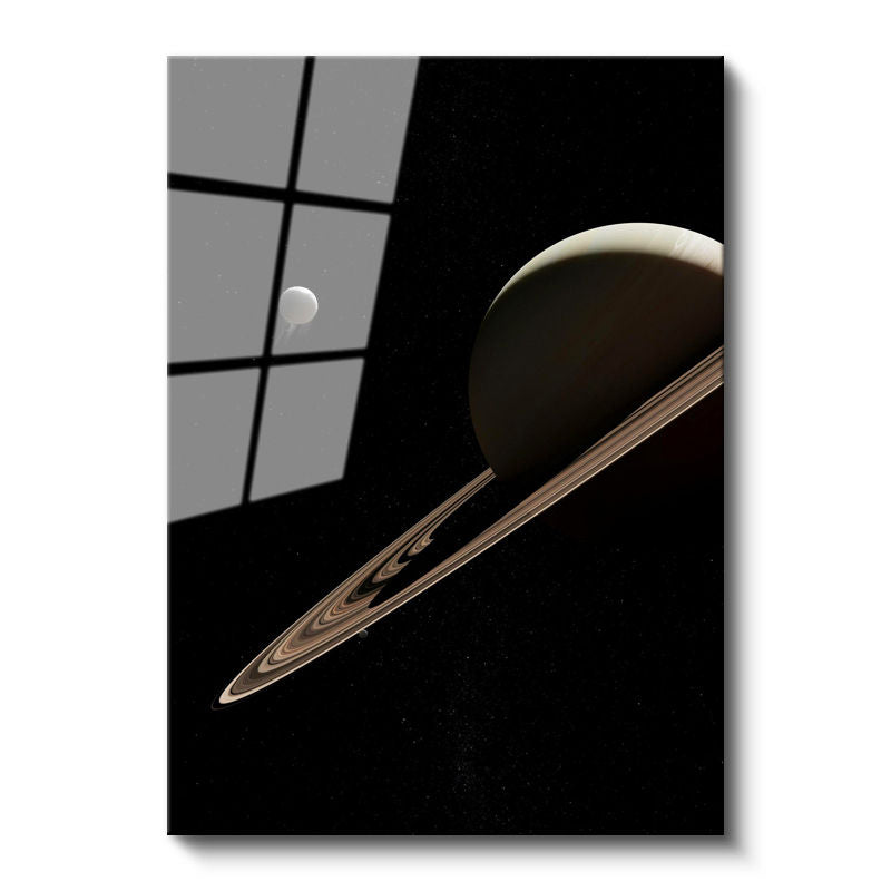 Tamperli Gerçek Cam Tablo Satürn Gezegeni Halkaları ve Uydusu Manzara Tablosu Duvar Dekoru