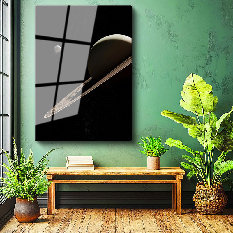 Tamperli Gerçek Cam Tablo Satürn Gezegeni Halkaları ve Uydusu Manzara Tablosu Duvar Dekoru