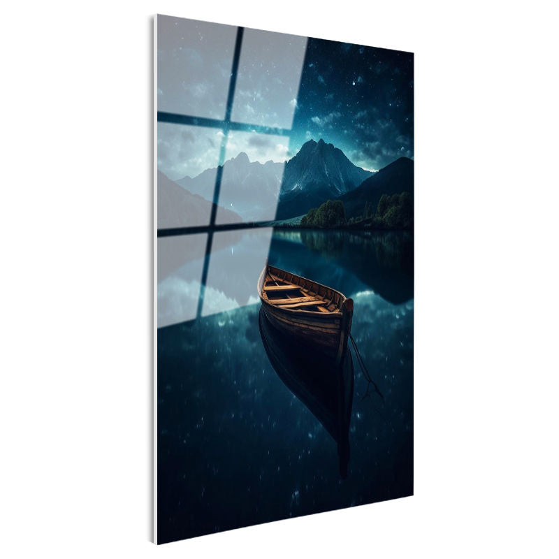 Tamperli Gerçek Cam Tablo Gece Gölü Ahşap Kayık ve Dağ Manzarası Manzara Tablosu Duvar Dekoru
