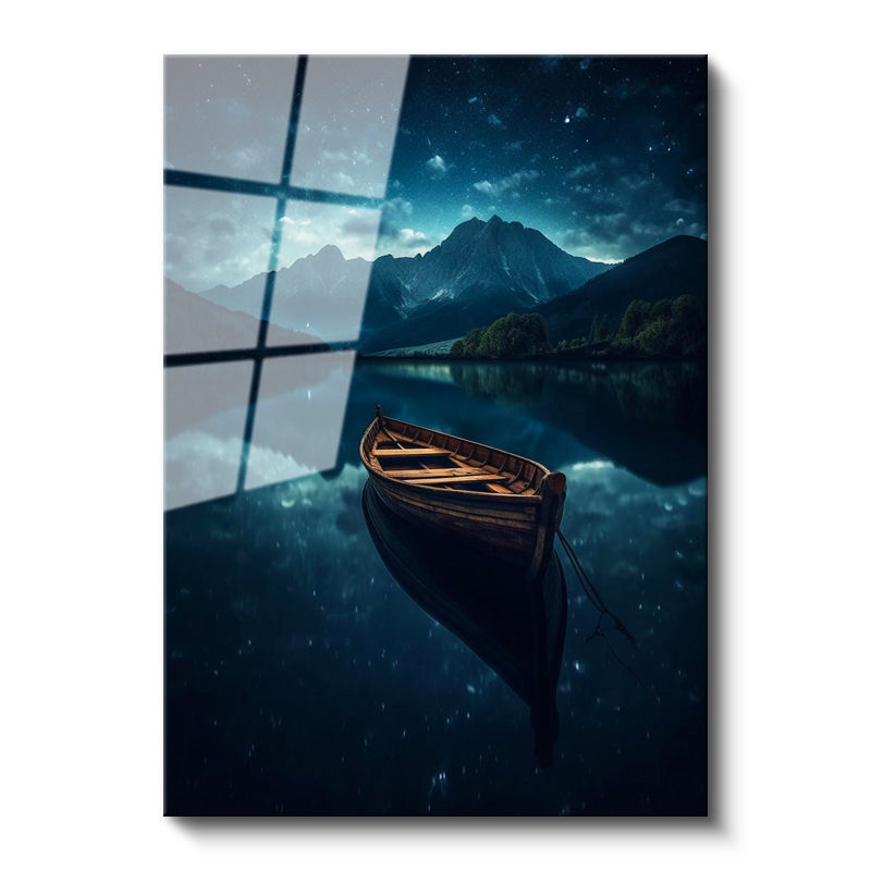 Tamperli Gerçek Cam Tablo Gece Gölü Ahşap Kayık ve Dağ Manzarası Manzara Tablosu Duvar Dekoru
