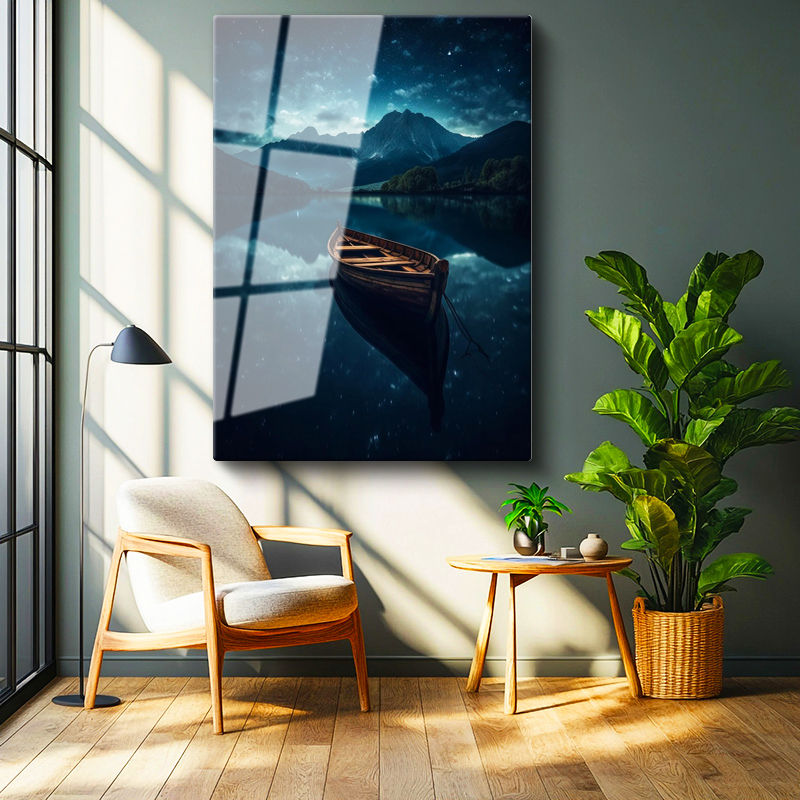 Tamperli Gerçek Cam Tablo Gece Gölü Ahşap Kayık ve Dağ Manzarası Manzara Tablosu Duvar Dekoru