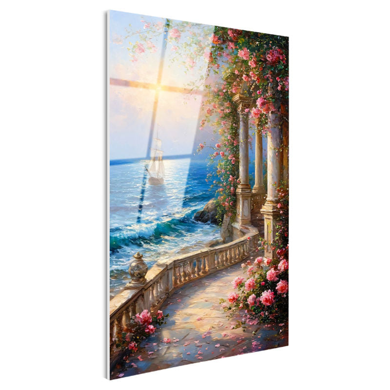 Tamperli Gerçek Cam Tablo Güllü Sütunlu Sahil ve Yelkenli Manzara Ve Doğa Tablosu Duvar Dekoru
