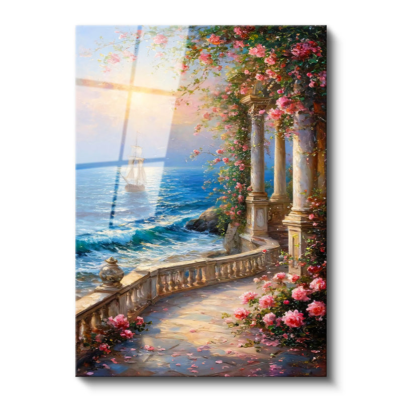 Tamperli Gerçek Cam Tablo Güllü Sütunlu Sahil ve Yelkenli Manzara Ve Doğa Tablosu Duvar Dekoru