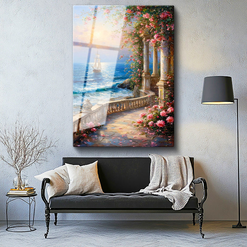 Tamperli Gerçek Cam Tablo Güllü Sütunlu Sahil ve Yelkenli Manzara Ve Doğa Tablosu Duvar Dekoru