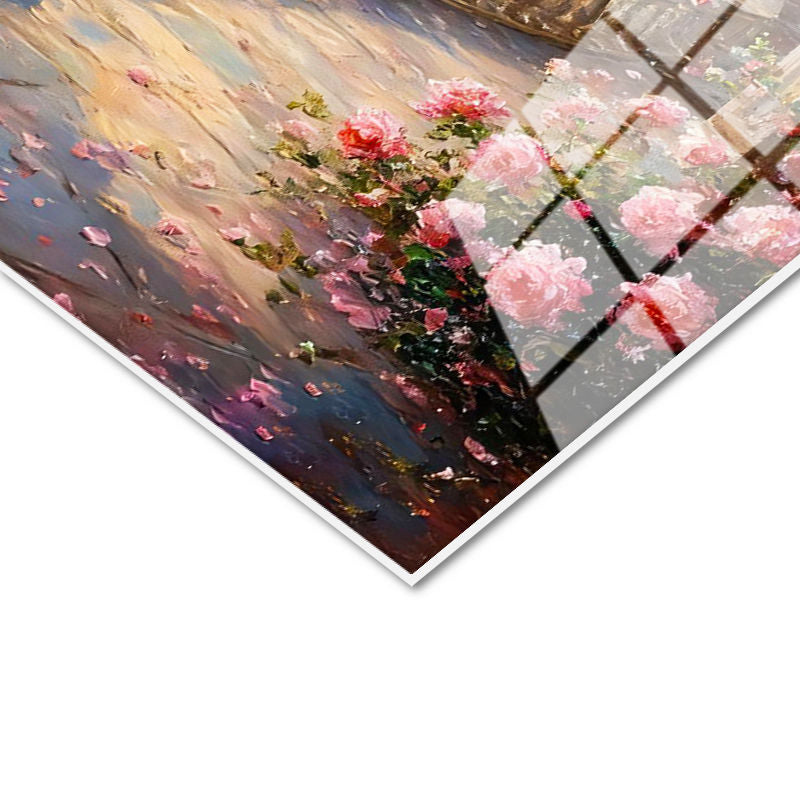 Tamperli Gerçek Cam Tablo Güllü Sütunlu Sahil ve Yelkenli Manzara Ve Doğa Tablosu Duvar Dekoru