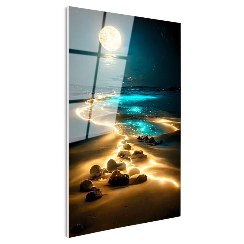 Tamperli Gerçek Cam Tablo Gece Sahili Ay Işığı ve Kayalıklar Manzara Ve Doğa Tablosu Duvar Dekoru
