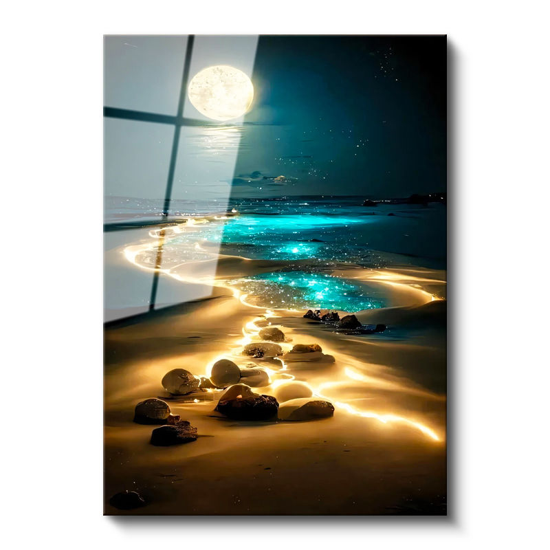 Tamperli Gerçek Cam Tablo Gece Sahili Ay Işığı ve Kayalıklar Manzara Ve Doğa Tablosu Duvar Dekoru