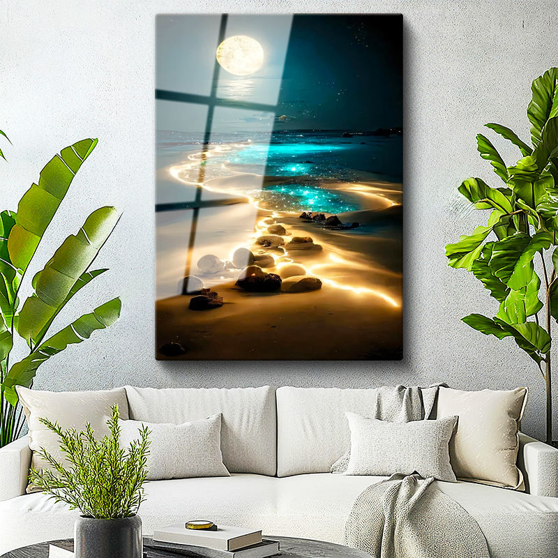 Tamperli Gerçek Cam Tablo Gece Sahili Ay Işığı ve Kayalıklar Manzara Ve Doğa Tablosu Duvar Dekoru
