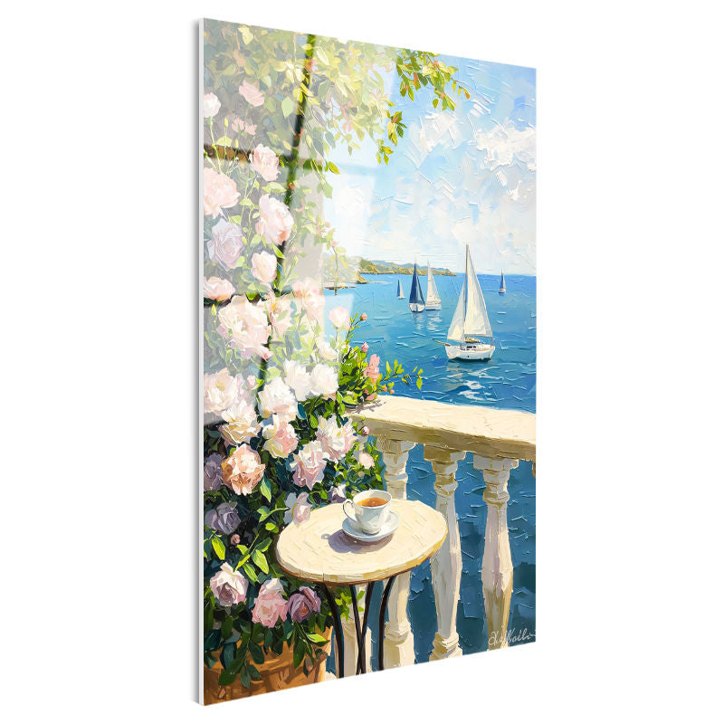 Tamperli Gerçek Cam Tablo Çiçekli Teras ve Deniz Yelkenlileri Manzara Ve Doğa Tablosu Duvar Dekoru