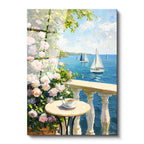 Tamperli Gerçek Cam Tablo Çiçekli Teras ve Deniz Yelkenlileri Manzara Ve Doğa Tablosu Duvar Dekoru