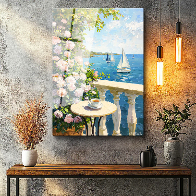 Tamperli Gerçek Cam Tablo Çiçekli Teras ve Deniz Yelkenlileri Manzara Ve Doğa Tablosu Duvar Dekoru