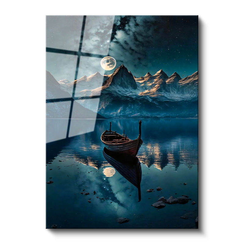 Tamperli Gerçek Cam Tablo Karlı Dağlar ve Göl Sandalı Manzara Ve Doğa Tablosu Duvar Dekoru