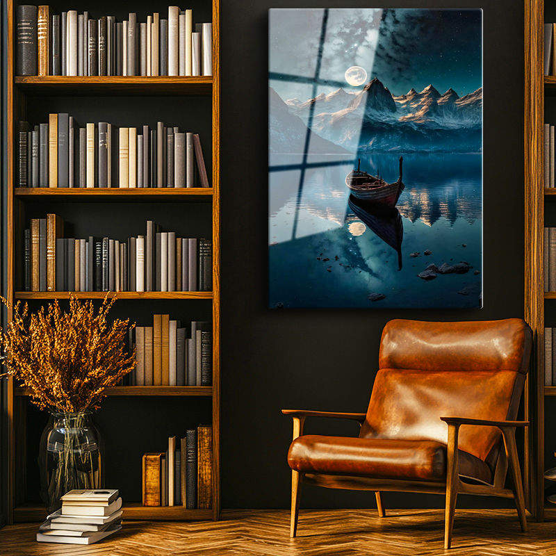 Tamperli Gerçek Cam Tablo Karlı Dağlar ve Göl Sandalı Manzara Ve Doğa Tablosu Duvar Dekoru