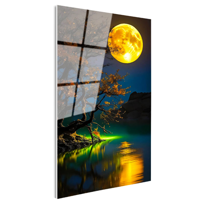 Tamperli Gerçek Cam Tablo Gece Ağacı ve Büyük Sarı Ay Manzara Ve Doğa Tablosu Duvar Dekoru