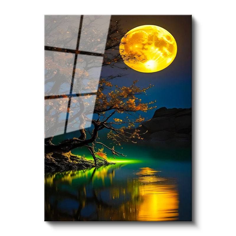 Tamperli Gerçek Cam Tablo Gece Ağacı ve Büyük Sarı Ay Manzara Ve Doğa Tablosu Duvar Dekoru