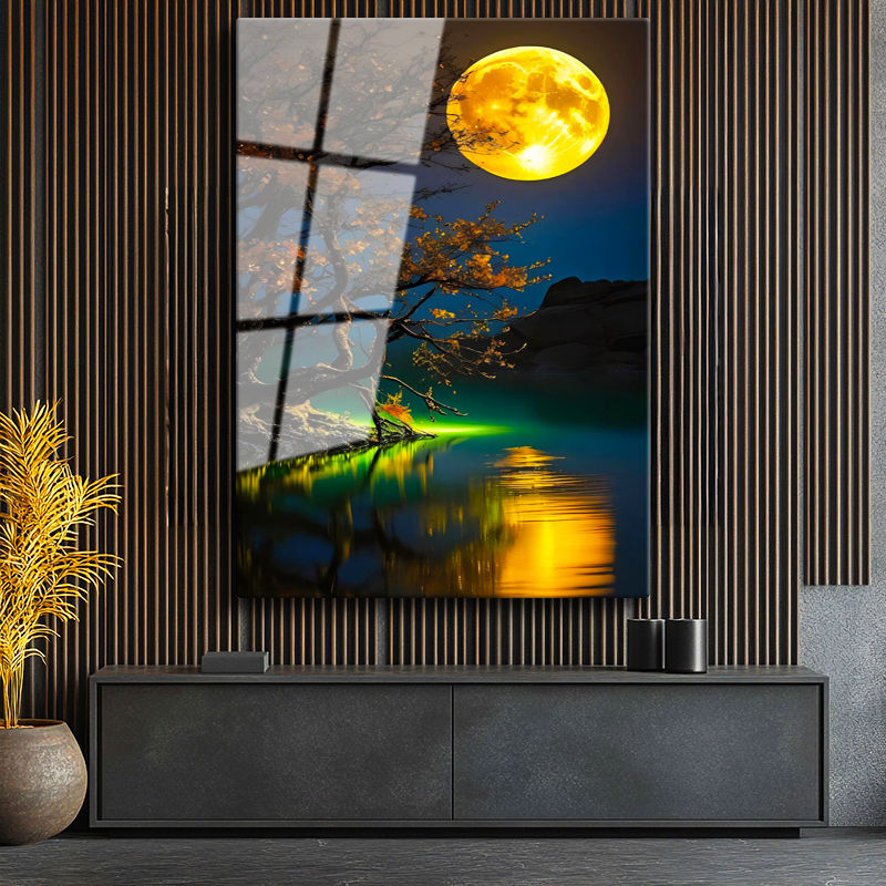 Tamperli Gerçek Cam Tablo Gece Ağacı ve Büyük Sarı Ay Manzara Ve Doğa Tablosu Duvar Dekoru