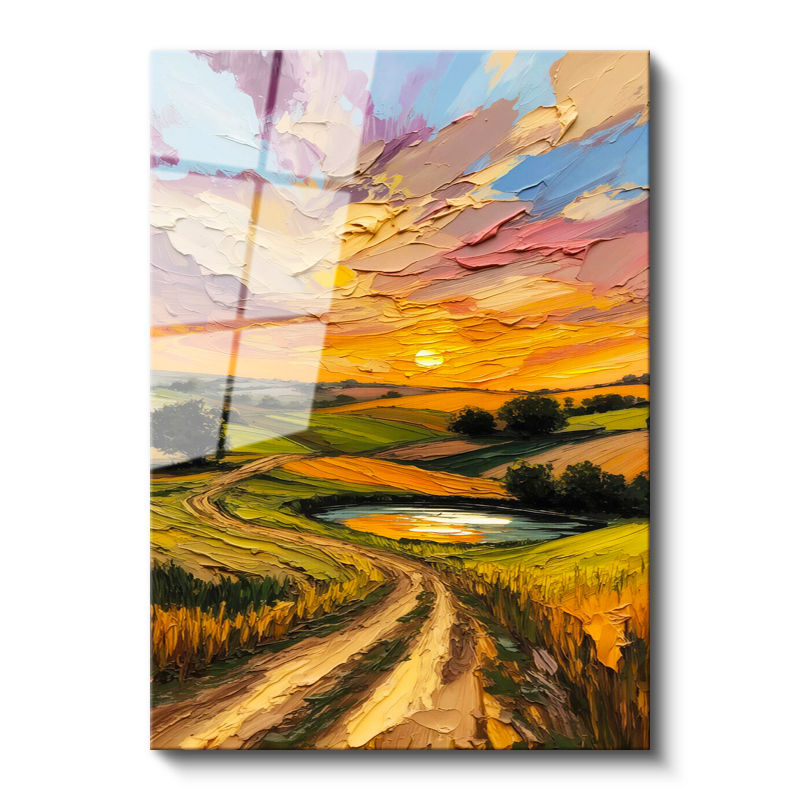 Tamperli Gerçek Cam Tablo Kabartma Görünümlü Yol ve Vadi Manzara Ve Doğa Tablosu Duvar Dekoru