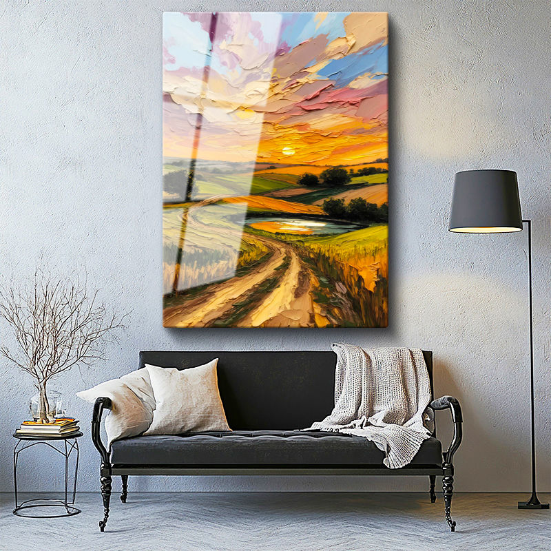 Tamperli Gerçek Cam Tablo Kabartma Görünümlü Yol ve Vadi Manzara Ve Doğa Tablosu Duvar Dekoru