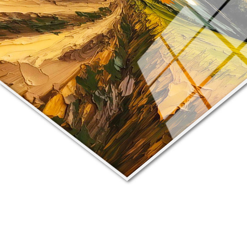 Tamperli Gerçek Cam Tablo Kabartma Görünümlü Yol ve Vadi Manzara Ve Doğa Tablosu Duvar Dekoru
