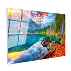 Tamperli Gerçek Cam Tablo Dağ Gölü ve Kızıl Yapraklar Manzara Tablosu Duvar Dekoru