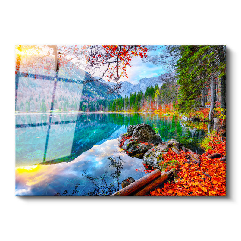 Tamperli Gerçek Cam Tablo Dağ Gölü ve Kızıl Yapraklar Manzara Tablosu Duvar Dekoru