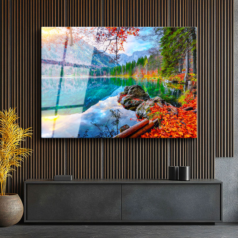 Tamperli Gerçek Cam Tablo Dağ Gölü ve Kızıl Yapraklar Manzara Tablosu Duvar Dekoru