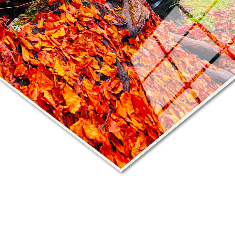 Tamperli Gerçek Cam Tablo Dağ Gölü ve Kızıl Yapraklar Manzara Tablosu Duvar Dekoru