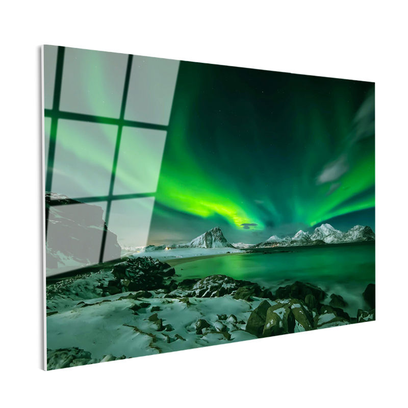 Tamperli Gerçek Cam Tablo Karlı Sahil Kuzey Işıkları Manzara Tablosu Duvar Dekoru
